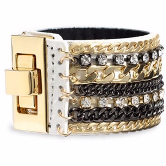 Cara Couture Jewelry - Cara Leather & Chain Cuff Gold/ White Bracelet OS